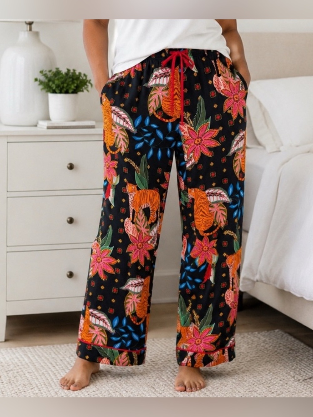 Room Service Wide-Leg Floral Tiger Print Lounge Pants -size Medium